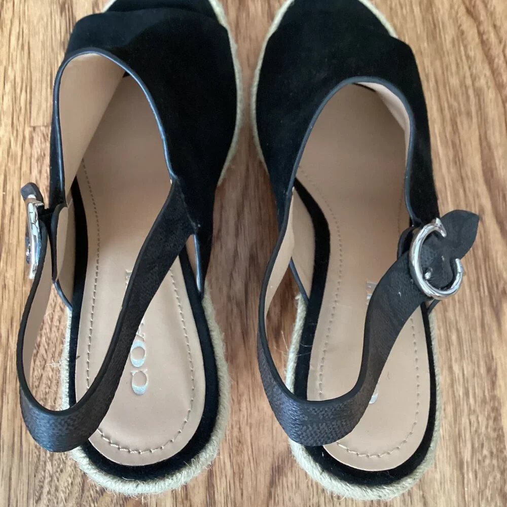 NEW Coach Poppy Espadrille Wedge in Black Suede & Signature Canvas 9 Logo Buckle